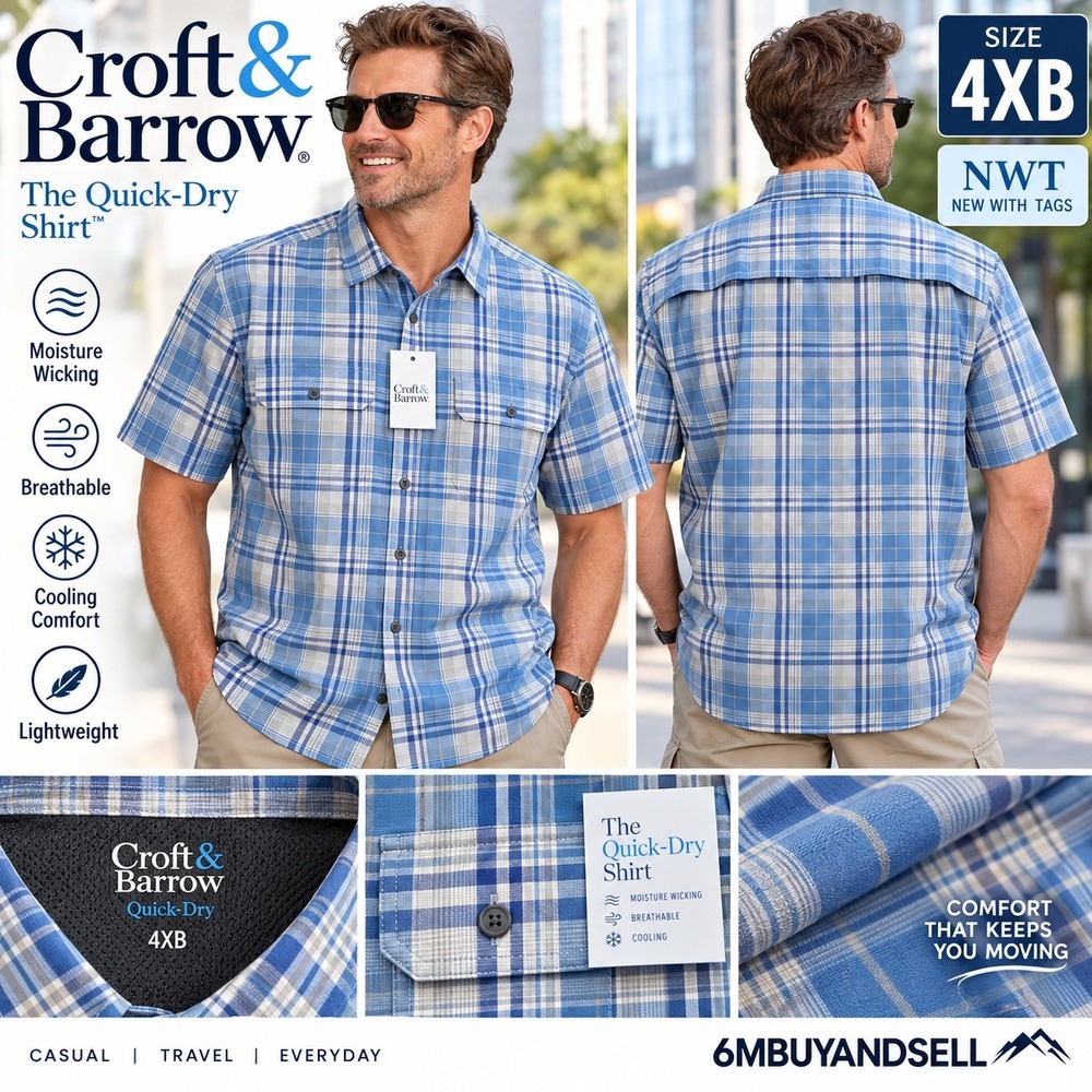 Croft & Barrow Mens 4XB Blue Plaid Quick Dry Short Sleeve Button Down Shirt NEW
